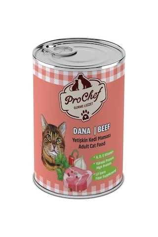 24 Adet Yetişkin Dana Etli Kıyılmış Kedi Maması 415 Gr 24'lü Pro Chef Konserve Yaş Mama