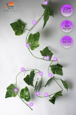 Dekoratif Yeşil Yapraklı 230 Cm Yapay Sarmaşık Ve 300 Cm Peri Led Pembe Renk - Mor Mor