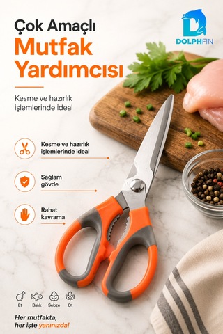 Çok Amaçlı Mutfak Makası Paslanmaz Çelik Ceviz Kıracaklı Turuncu Gri