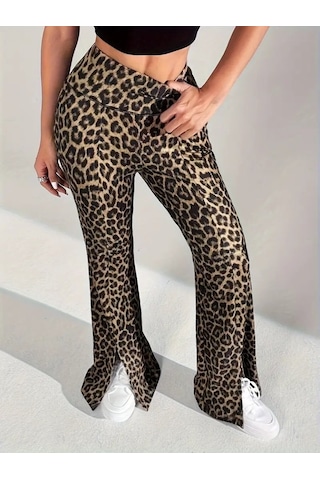 Kadın Yüksek Bel Leopar Desenli Yırtmaçlı Dalgıç Tayt Leopar