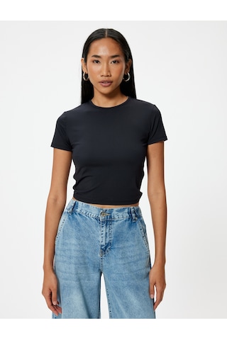 Koton Arkası Pencere Detaylı Tişört Kısa Kollu Yuvarlak Yaka Slim Fit Siyah 4sak50684ek Siyah