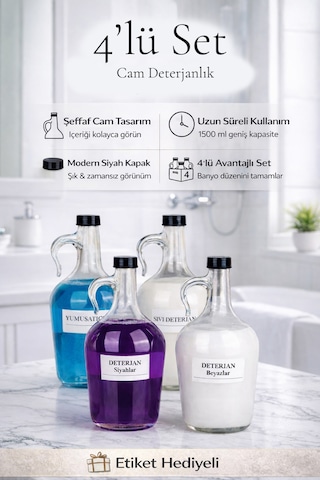 4'lü Şişe Banyo Seti Cam Yumuşatıcı Deterjan Renkliler Beyazlar Siyahlar Şişesi 1500ml Siyah Kapaklı Şeffaf