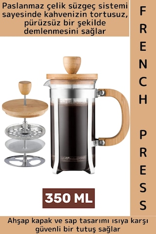 Premium Isıya Dayanıklı Kahve Demleme Bitki Çayı Ahşap Kapak Sap Detaylı Cam French Press 350 Ml Çok Renkli