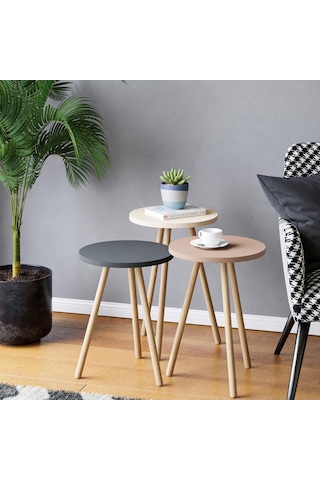 İntergo Renkli Üçlü Zigon Sehpa Ahşap Ayaklı Yuvarlak Pastel Tasarım Cappuccino-Gri-Krem