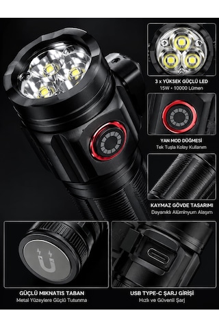 Busstier 10000 Lümen Mıknatıslı Mini El Feneri 15w Güçlü Led Şarj