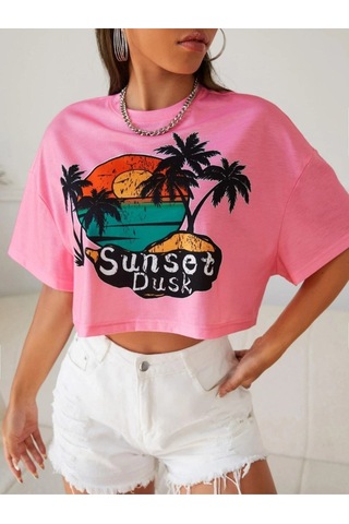 Flood Of Style Kadın Pudra Pembe Sunset Baskılı Oversize Crop