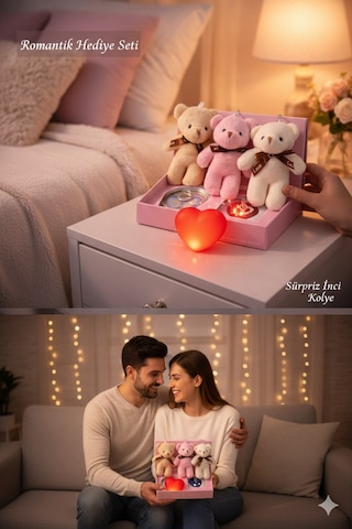 Sevgililer Gününe Romantik 3 Lü Hediye Seti İstiridye İnci Kolye 3 Adet Mini Peluş Ayı & Işıklı Kalp Çok Renkli