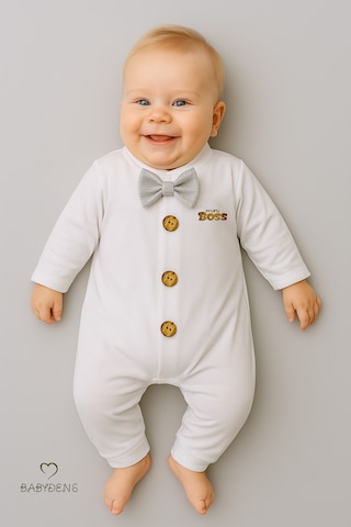 Babyden's Mini Boss Papyonlu Erkek Bebek Tulum Düğmeli Tasarım, Uzun Kollu Yenidoğan Tulumu Gri