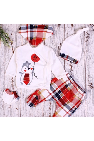 Yeni Doğan Ekose Penguen Fularlı 5'li Erkek Bebek Takımı Kırmızı Kırmızı