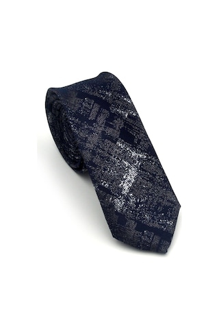 Gaffy Gri Desenli Lacivert Dokuma Kumaş Mendilli Slim Fit Kravat // Sdk-2608-2 Lacivert