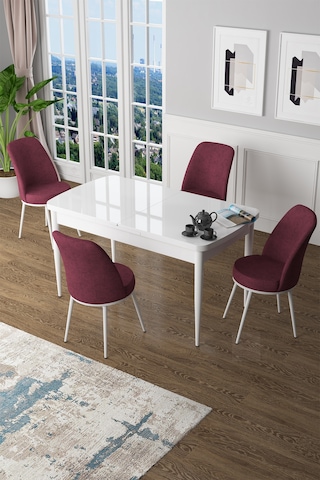Canisa Concept Zen Serisi 80x132 Mdf Açılabilir Beyaz Masa Takımı Ve 4 Bordo Sandalye Beyaz