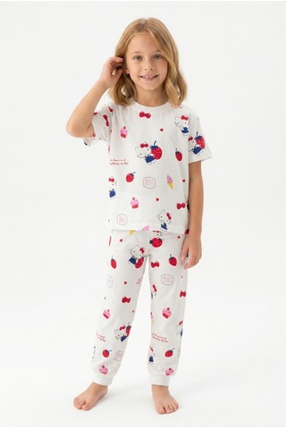 Bunny Hopp Kız Çocuk Pijama Takımı %100 Pamuk Kısa Kollu Yazlık Süprem Penye Beyaz