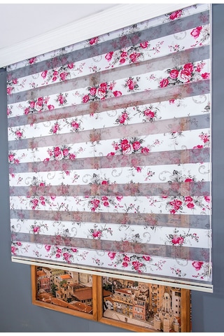 Çiçek Baskılı Zebra Perde Pembe