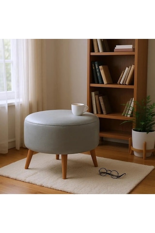 Waterybrook Suni Deri Puf Large - Ceviz Ahşap Ayaklı - Retro Modern Tasarım - Dekoratif Sehpa Gri
