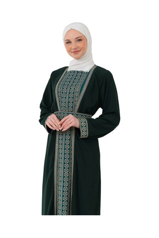 Zaytoon Nakışlı İç Elbiseli Ve Kemerli İki Parçalı Filistin Mirası Abaya Seti Yeşil