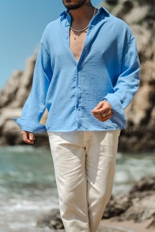 Cool Tarz Erkek Uzun Kollu Gömlek Yaka Keten Oversize Gömlek MAVİ