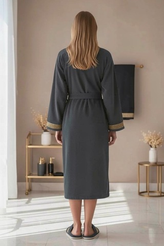 Premium %100 Pamuk Unisex Şalyaka Cepli Bornoz Seti 4 Parça Havlu Terlik Takımı Gri Gri