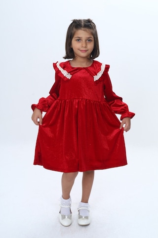 Toontoy Kız Çocuk Yaka Detaylı Fırfırlı Elbise Kırmızı