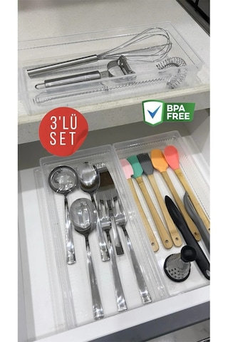 3 Adet Bade Xl Çekmece İçi Bıçaklık & Kaşıklık Organizer - Kepçe Spatula Düzenleyici Kutu Şeffaf
