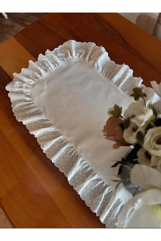 % 100 Pamuk Ham Keten Fisto Fırfırlı Oval Runner 45 140 Cm Bej