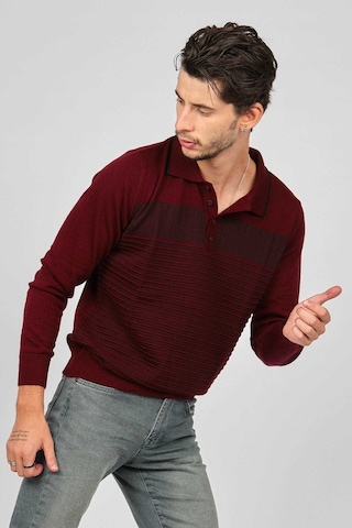Desen Triko Erkek Desenli Polo Yaka Yün Kazak 0249642 Bordo