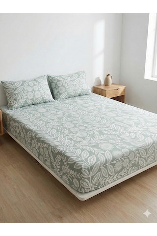 Maki Home %100 Pamuklu Çiçek Desenli 160x200+2 50x70 Çift Kişilik Lastikli Çarşaf Ve Yastık Kılıfı Yeşil