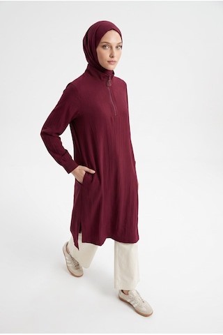 Armine Trend Yarım Fermuarlı Kolları Lastikli Çilek Kumaş Tunik Bordo 26yt462