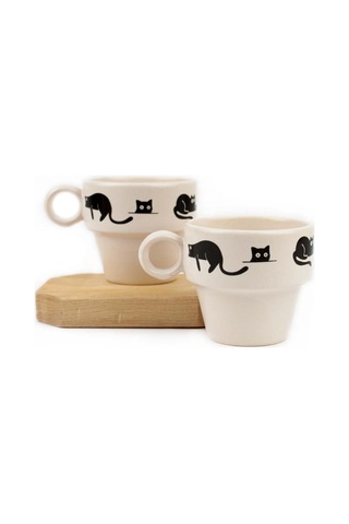 Kara Kedi 2'li Espresso Bardak Seti - Hediye Seramik Fincan Acı Kahve