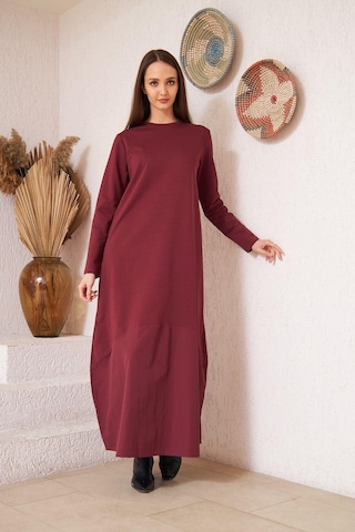 Darlin Moda Bordo Uzun Kollu Eteği Poplin Detaylı Maxi Boy Elbise DM4640