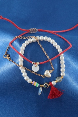 3lü Nazar Boncuklu İncili Püsküllü Asansörlü Lastikli Kırmızı İp Bileklik. Kadın İp Bileklik Halhal Çok Renkli