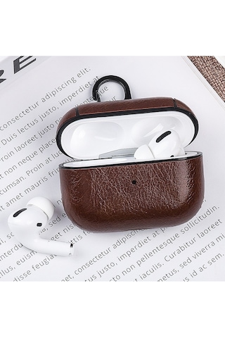 Apple Uyumlu AirPods Pro 3 2025 Lüx Deri Suni Deri Kılıf 360 Koruma+kanca Koyu Kahverengi
