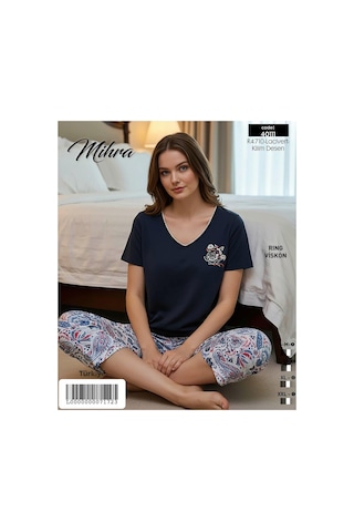 Mi Hra Mihra Kadın Viskon V Yaka Kısa Kol Kapri Likralı Pijama Takımı 40111l - 1 Adet Lacivert
