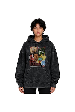 Sevbano Bad Bunny Rapper Şarkıcı Baskılı Unisex Oversize Yıkamalı Hoodie Siyah