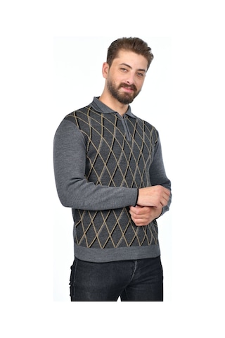 Kamalı Erkek Çelik Örgü Baklava Desenli Gömlek Yaka Fermuarlı Polo Yakalı Tüylenmez Triko Kışlık Baba Kazak Gri