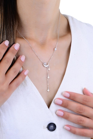 Gümüş Rodyumlu Zirkon Ve Sedef Taşlı Ay Işığı Yıldız Yağmuru Kolye Barcode Gümüş