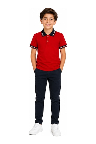 Kısmetsepeti Çocuk Pamuklu Yumuşak Dokulu Lacivert Polo Yaka Kırmızı Okul Tshirt Kırmızı - Lacivert