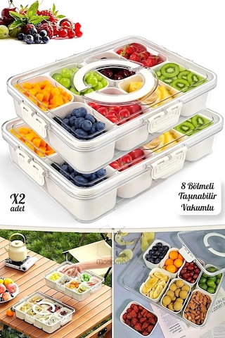 Tilbe Home 2li 8 Bölmeli Kahvaltı Takımı Kilit Kapaklı Taşınabilir Saklama Kabı Organizer Piknik Set Beyaz