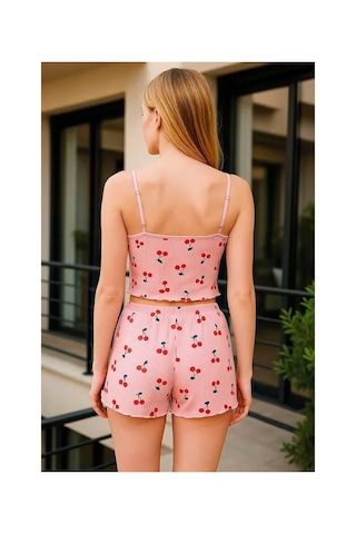 E-bulurum Kadın Pembe Kiraz Desenli Kurdelalı Askılı Şortlu Pijama Takımı