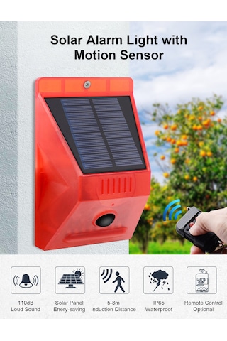 Moveevo Güneş Enerjili Hareketli Alarm Işığı 110db - Hayvan Ve Girişici Kovucu, 4 Çalışma Modu, Ip65 Su Geçirmez, Dahili Li-pol Batarya Kumanda Yok