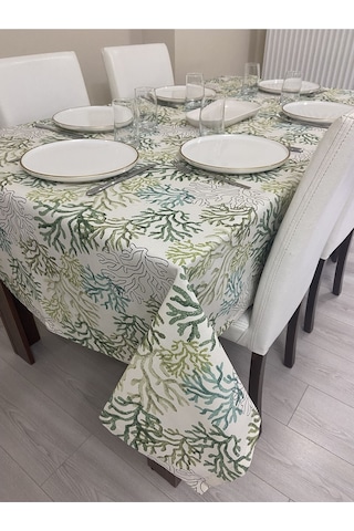 Sıvı Geçirmez Dertsiz Masa Örtüsü Yeşil Mercan Desenli