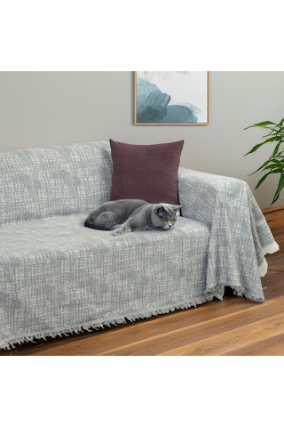 Purecot Premium Pamuklu Püsküllü Koltuk Örtüsü 180x300 Large Çift Taraflı Terletmez Kaymaz Antrasit Antrasit