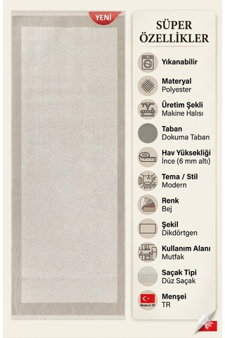 Modern Bej Mutfak Halısı - Yıkanabilir Dokuma Tabanlı İskandinav Desen Halı