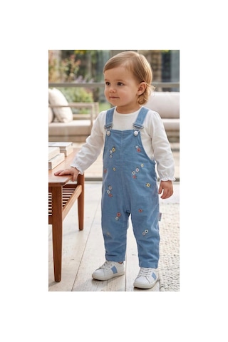 Altıntaş Baby Renkli Çiçek Nakışlı Kot Görünümlü Örme Kumaş Mevsimlik 2li Salopet Set Mavi Beyaz Mavi Beyaz