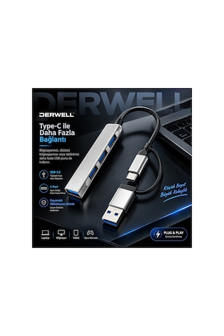 Yeni 2026 Çift Girişli Usb Hub Çoklayıcı 4 Portlu Type-c Ve Usb A 3.0 Dönüştürücü Adaptör Laptop Pc Telefon Tablet Uyumlu Tak Çalıştır Klavye Mouse Harddisk Kart Okuyucu Yazıcı Bağlantı Aparatı Gri
