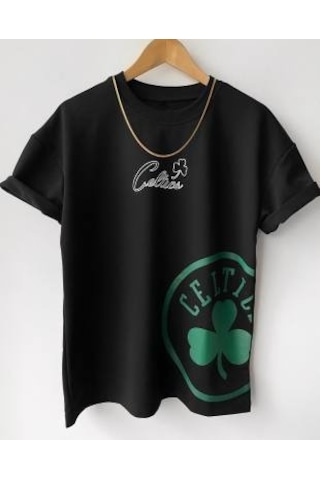 Boston Celtic Oversize Baskılı Pamuklu Bisiklet Yaka Çocuk Erkek Tişört Siyah