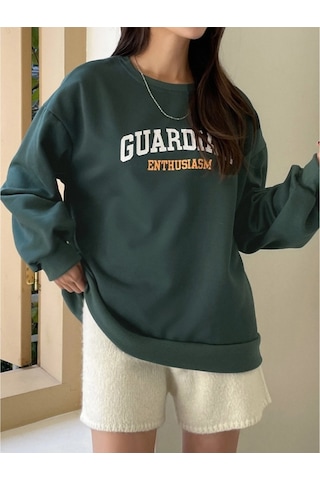 Kadın Nefti Yeşili Guardıan Baskılı Oversize Sweatshirt Nefti Yeşili