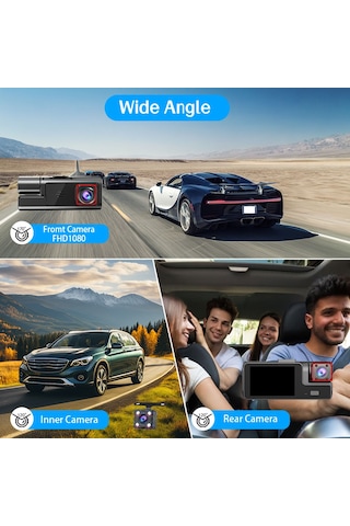 Süper Hd 1296p 3 Kameralı Araç İçi Dash Cam - G-sensör, Geniş Açı