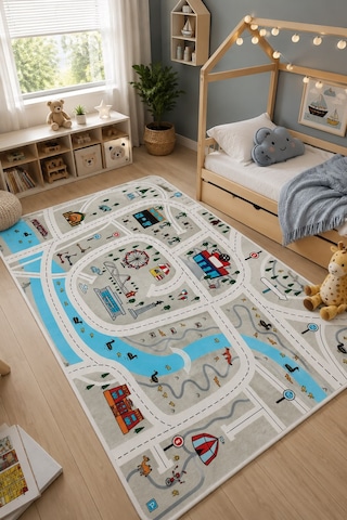 STY Home Trafik Çocuk Oyun Halısı Kaymaz Makinede Yıkanabilir Eğitici Bebek Ve Çocuk Odası Halısı Oyun74 Gri