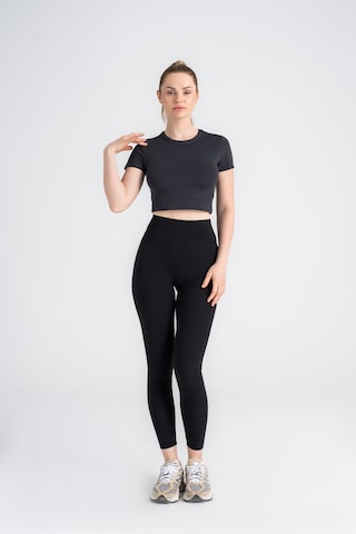 Kadın Antrasit Crop T-shirt Kısa Kollu, Bisiklet Yaka, Tüylenme Siyah