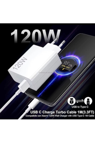 120w Hızlı Şarj Adaptörü + Type-c Kablosu Süper Hızlı Şarj Cihazı 1 Metre